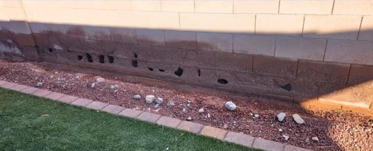 Cinder block wall with efflorescence damage before restoration